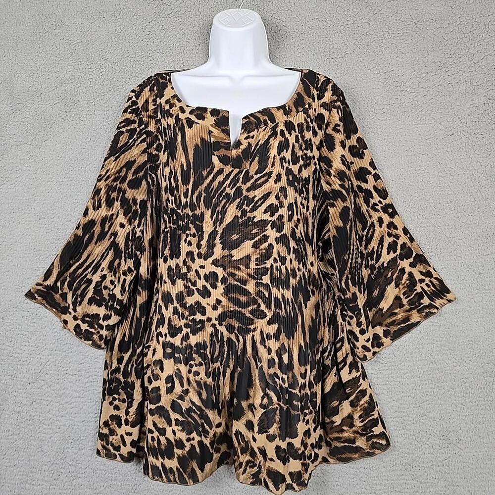 JMS Womens Plus Size 3X Leopard Print Pleated V-neck Top 3/4 Sleeve
